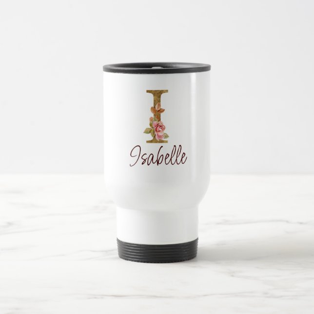 Caneca Térmica Letra de Nome Personalizado I Rosas Rosa Bege com  (Centro)