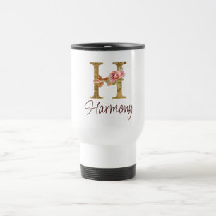 Caneca Térmica Letra Personalizada H Folha Dourada Rosas Rosa Pál