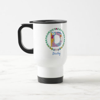 Caneca Térmica Letras de Flor "D" Inicial com Nome Personalizado