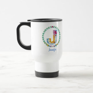 Caneca Térmica Letras de Flor "J" Inicial com Nome Personalizado