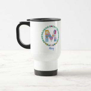 Caneca Térmica Letras de Flor "M" Inicial com Nome Personalizado