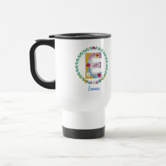 Caneca Térmica Letras Flores Iniciais "E" com Nome Personalizado