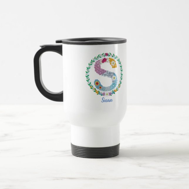 Caneca Térmica Letras Flores Iniciais "S" com Nome Personalizado (Esquerda)