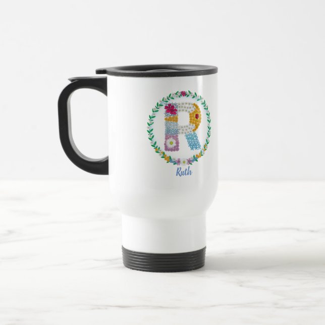 Caneca Térmica Letras Flores "R" Inicial com Nome Personalizado (Esquerda)