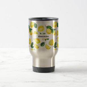 Caneca Térmica Limões Amarelos Padrão de Fruta de Aquarela