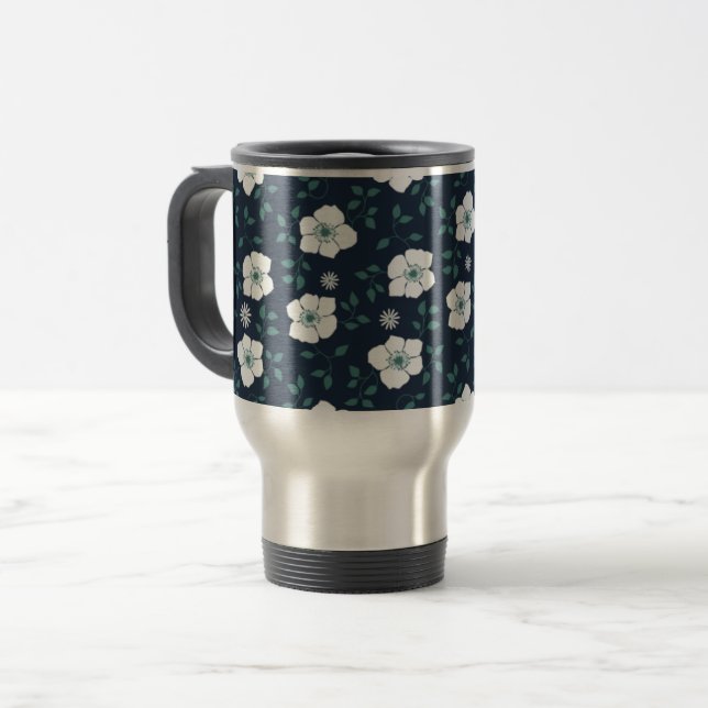 Caneca Térmica Lindo padrão floral azul e branco (Frente Esquerda)