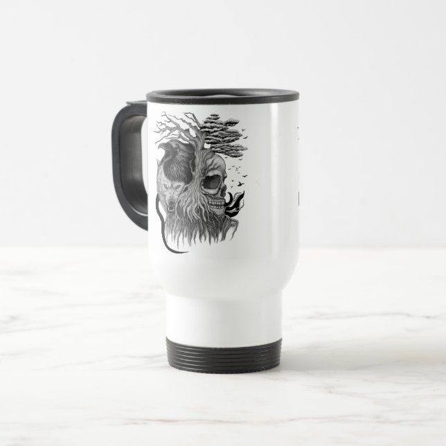 Caneca Térmica Lobo e Corvo com Caveira (Frente Esquerda)