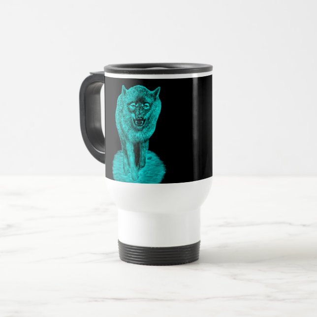 Caneca Térmica Lobo Negro Zangado na Noite (Frente Esquerda)