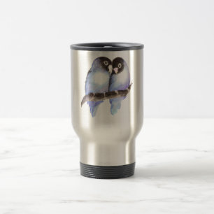 Caneca Térmica Lovebirds azuis da aguarela original, pássaro