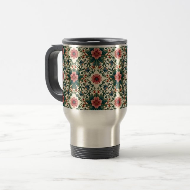 Caneca Térmica Magia Floral Boho - em Tons de Verde e Rosa (Frente Esquerda)
