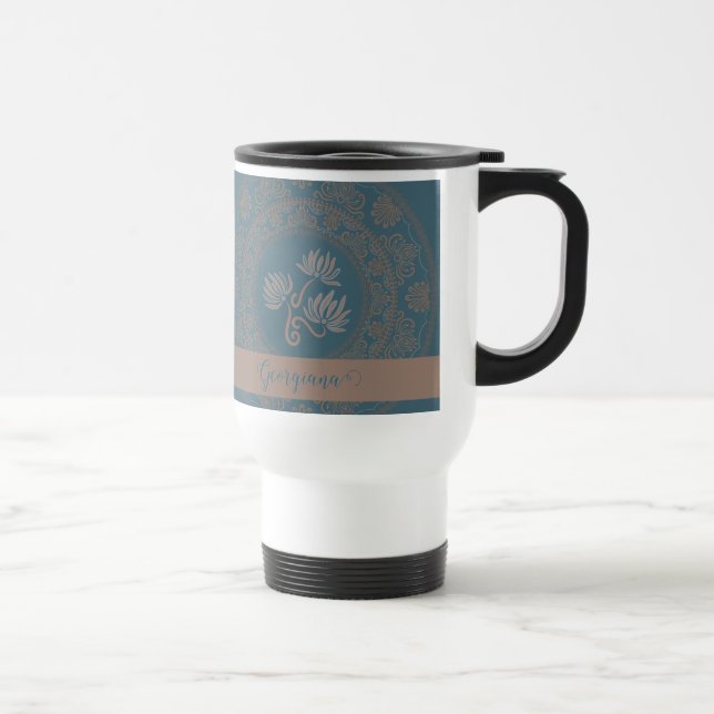 Caneca Térmica Mandala de Ponto de Lótus Rococó Teal Dourado Pers (Direita)