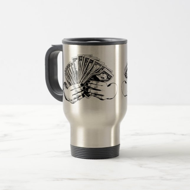 Caneca Térmica Mão de mulheres segurando notas de dinheiro Dólar  (Frente Esquerda)