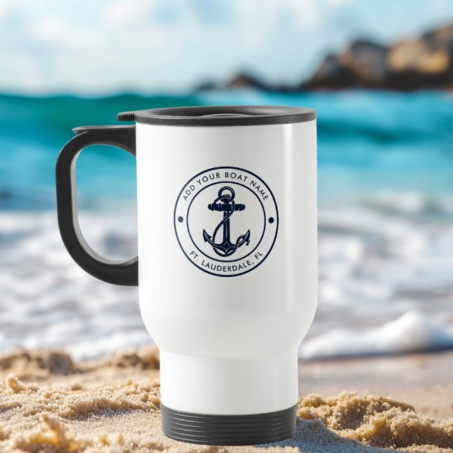 Caneca Térmica Marinho de Âncora Náutica Nome de Barco Azul Perso (Nautical Anchor Navy Blue Boat Name Custom Travel Mug)
