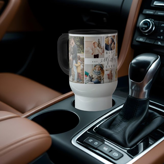 Caneca Térmica Melhor Colagem de Fotos do Dia de as mães de Scrip (Best Mom Ever Script Mother's Day 8 Photo Collage Travel Mug)