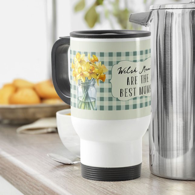 Caneca Térmica Melhores Mães - Daffodilos Verdes em um Jar (Travel Mug for mum with daffodils and editable title - perfect for Mother's Day)