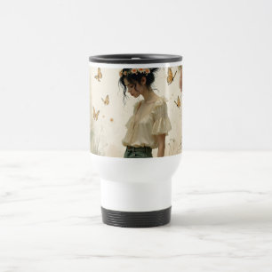 Caneca Térmica Menina Etérea com Borboletas na Natureza