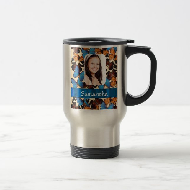 Caneca Térmica Modelo de foto de colagem de borboletas (Direita)