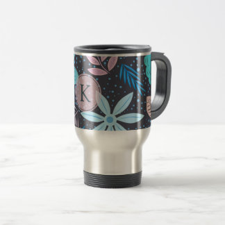 Caneca Térmica Monograma cor-de-rosa com padrão de flor azul gran
