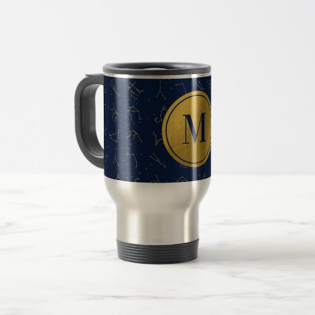 Caneca Térmica Monograma de Constelações Zodiacas Azuis Douradas  (Frente Esquerda)