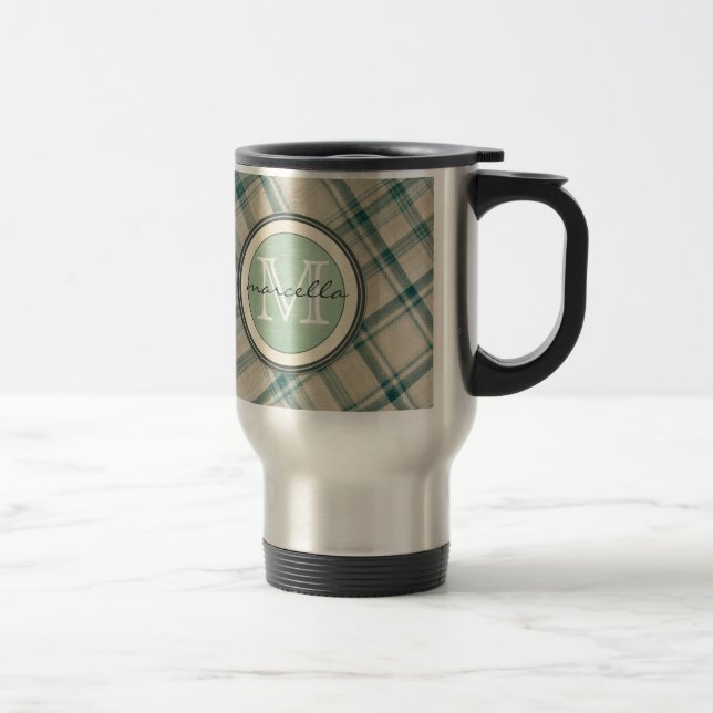 Caneca Térmica Monograma de creme verde da xadrez (Direita)