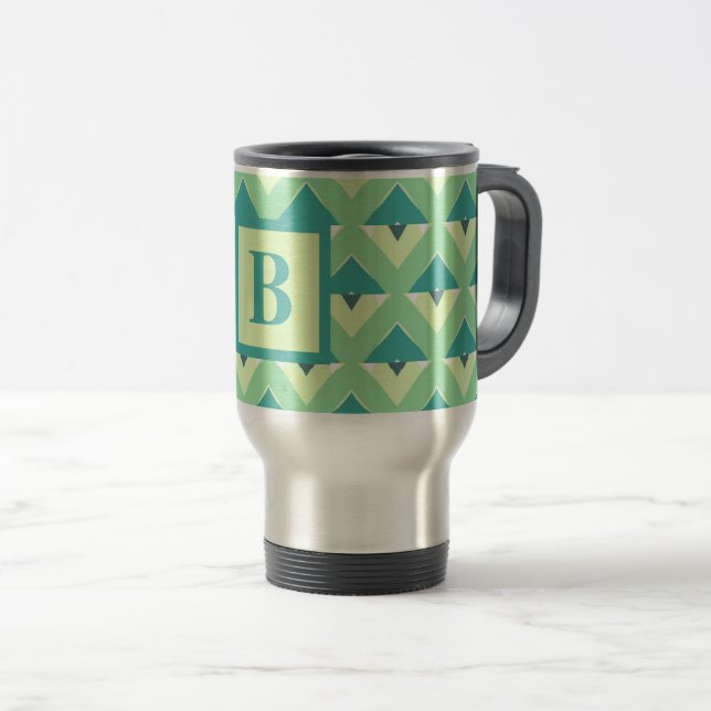 Caneca Térmica Monograma de Padrão Geométrico Teal e Azul (Frente Esquerda)