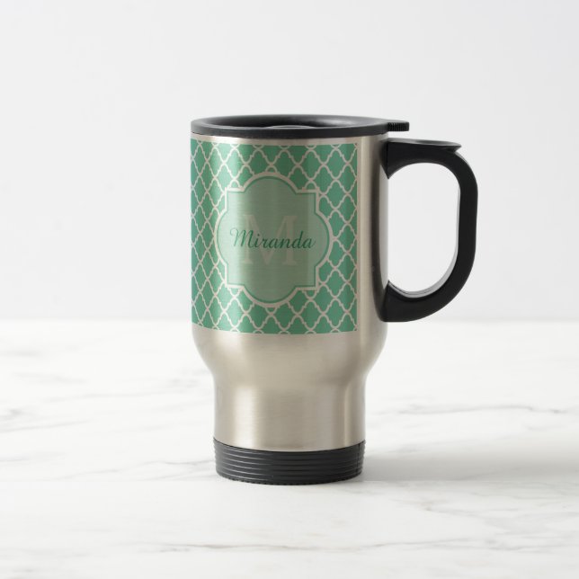 Caneca Térmica Monograma elegante de Quatrefoil do verde da (Direita)