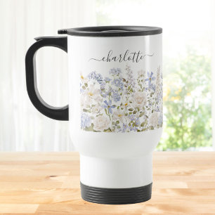 Caneca Térmica Monograma Floral Flor Elegante Azul Aquarela