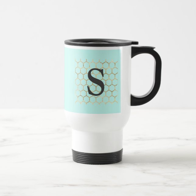 Caneca Térmica Monograma Hexagonal Verde Turquesa (Direita)
