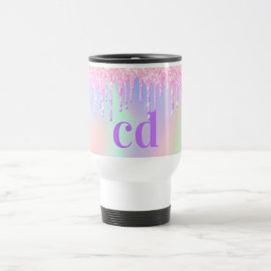 Caneca Térmica Monograma holográfico cor-de-rosa com brilho púrpu