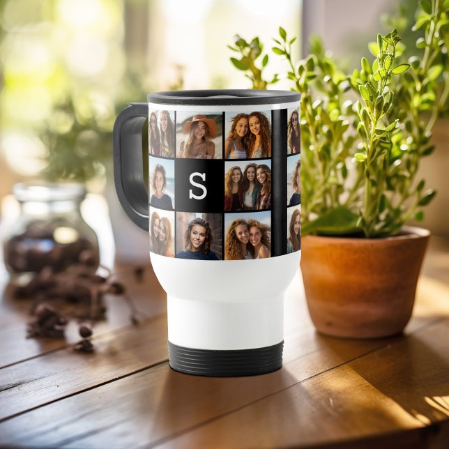 Caneca Térmica Monograma Personalizado de Colagem de Fotos em Pre (Personalized travel mug - add photos and text or customize completely)