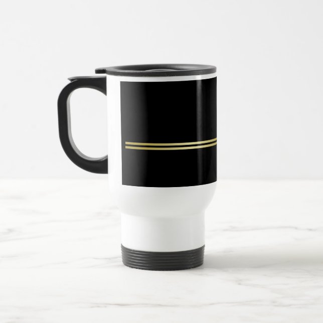 Caneca Térmica Monograma personalizado de ouro elegante a preto (Esquerda)