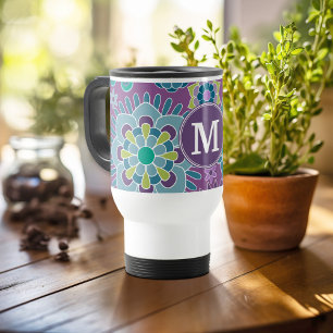 Caneca Térmica Monograma Personalizado de Padrão Floral Colorido 