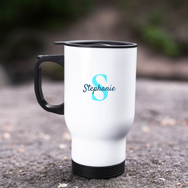 Caneca Térmica Monograma Simples Nome Aqua Azul (Criador carregado)