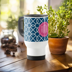 Caneca Térmica Monogramas de padrão geométrico rosa-quente e az