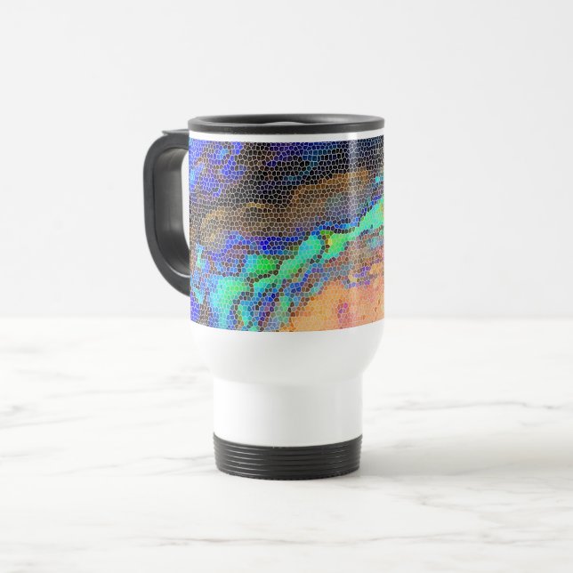 Caneca Térmica Mosaico Abstrato de Concha de Abalone em Vidro Col (Frente Esquerda)
