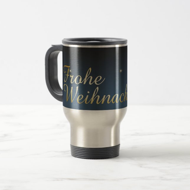 Caneca Térmica Motivo natalício azul com árvore de Natal dourada (Frente Esquerda)