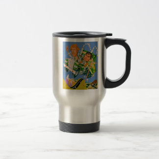 Caneca Térmica Movendo-se na Caricatura do Céu Azul
