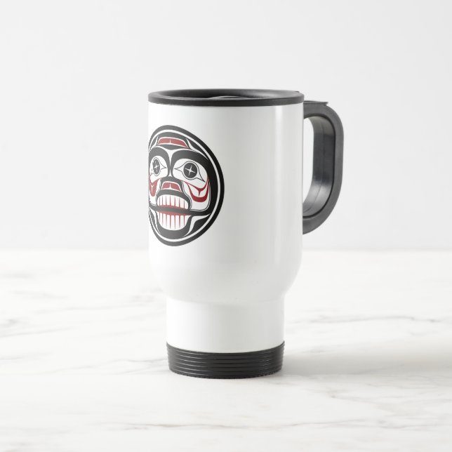 Caneca Térmica Nativo Americano Vermelho Negro Haida Art Crânio (Frente Esquerda)