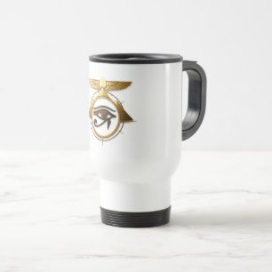 Caneca Térmica NeoAnkh 3D Olho de Hórus Dourado Disco Solar Alado