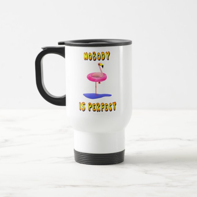 Caneca Térmica Ninguém é perfeito - flamingo com anel de natação (Esquerda)