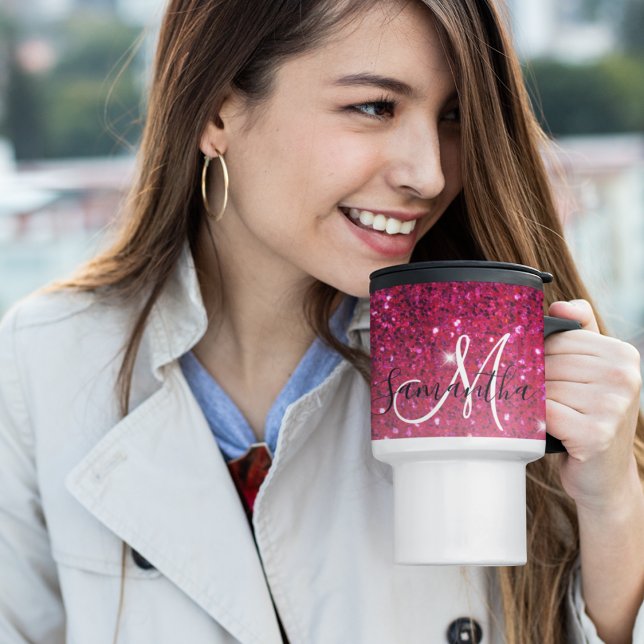 Caneca Térmica Nome das Sparkles Vermelhos e Rosa Modernos (Criador carregado)