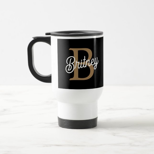 Caneca Térmica Nome do Monograma Elegante Moderno Script Dourado  (Esquerda)