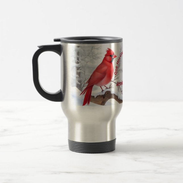 Caneca Térmica Nome e texto personalizados da ave cardinal vermel (Esquerda)