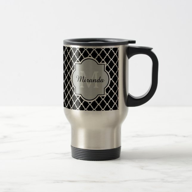Caneca Térmica Nome Monogrammed preto e branco moderno de (Direita)