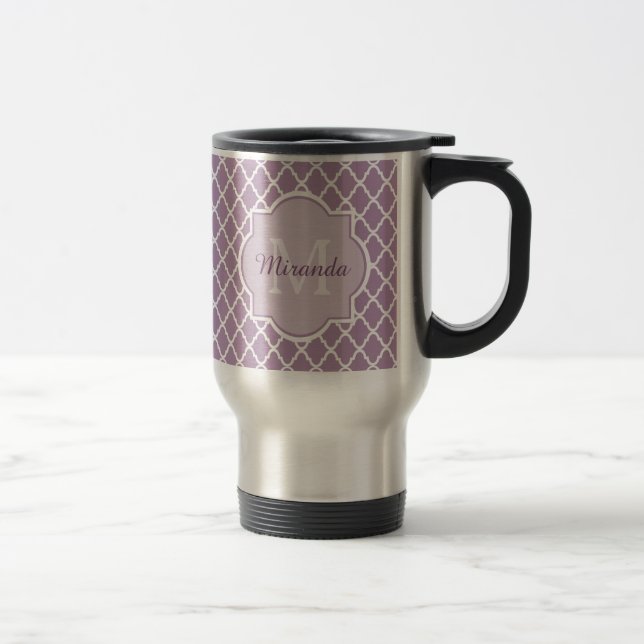 Caneca Térmica Nome Monogrammed roxo de Quatrefoil da lavanda (Direita)