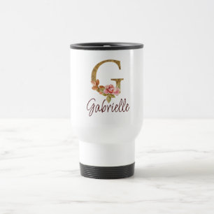 Caneca Térmica Nome Personalizado Letra G Folha Dourada Rosas Ros