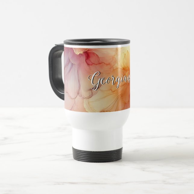 Caneca Térmica Nome Personalizado Peach Raspberry Álcool Floral A (Frente Esquerda)