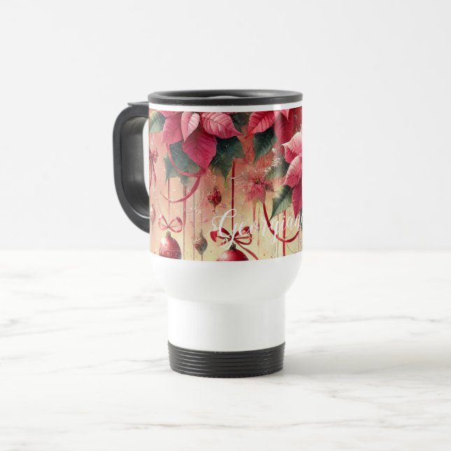 Caneca Térmica Nome Personalizado Poinsettia Whimsical Baubles de (Frente Esquerda)