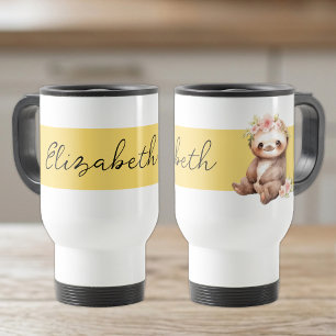 Caneca Térmica Nome personalizado preguiça fofa preto amarelo