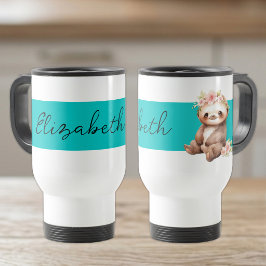 Caneca Térmica Nome personalizado preguiça fofa preto turquesa